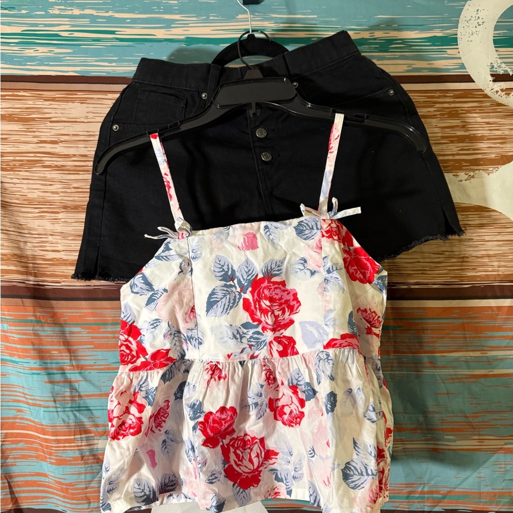 GAP Kids Red and Blue Smocked Top and Old Navy Black denim shorts